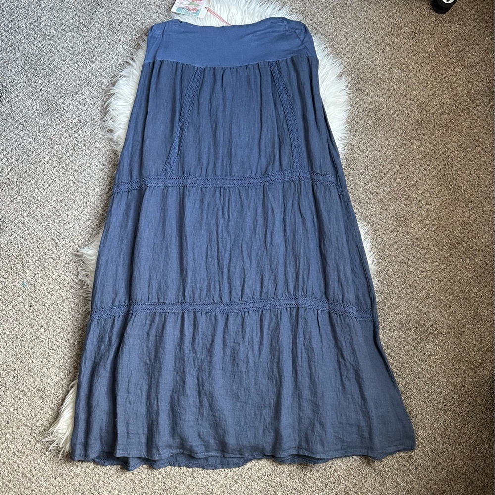 Women’s Tiered Pure 100% Linen Maxi Skirt Size Small, Color: Denim Blue